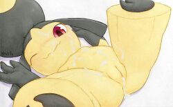 Rule 34 | 1girl, anus, artist name, ass, black hair, bukkake, cleft of venus, colored skin, creatures (company), cum, cum in pussy, cum on body, facial, flat chest, game freak, gen 3 pokemon, highres, mawaifu, mawile, navel, nintendo, one eye closed, pokemon, pokemon (creature), pussy, red eyes, smile, solo, spread legs, uncensored, white background, yellow skin