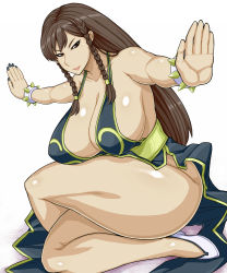 Rule 34 | 1girl, alternate costume, alternate hairstyle, backless dress, backless outfit, bracelet, braid, breasts, brown eyes, brown hair, capcom, chun-li, cleavage, curvy, dress, fighting stance, highres, huge breasts, jewelry, long hair, looking at viewer, nail polish, otogi tetsurou, sitting, smile, solo, spiked bracelet, spikes, street fighter, street fighter v, thick thighs, thighs, twin braids, wide hips