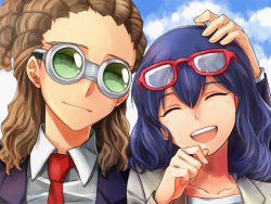 Rule 34 | 1boy, 1girl, bad id, bad pixiv id, blue hair, brother and sister, brown hair, cezaria, closed eyes, glasses, dreadlocks, inazuma eleven, inazuma eleven (series), inazuma eleven go, kidou yuuto, laughing, necktie, aged up, open mouth, otonashi haruna, red eyes, short hair, siblings, smile