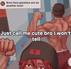 Rule 34 | 1boy, beanie, black hat, boku no hero academia, clenched hand, commentary, ear piercing, english commentary, english text, flexing, from behind, gabi falcao, hat, heart, highres, kirishima eijirou, looking at viewer, male focus, meme, muscular, muscular male, pants, piercing, red eyes, red hair, red pants, reflection, short hair, signature, solo, standing