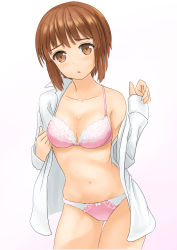 Rule 34 | 10s, 1girl, bad id, bad pixiv id, bow, bow bra, bow panties, bra, breasts, brown eyes, brown hair, commentary, cowboy shot, dress shirt, girls und panzer, gradient background, highres, light frown, long sleeves, looking at viewer, medium breasts, navel, nishizumi miho, no pants, off shoulder, open clothes, open shirt, panties, parted lips, pink background, pink bra, pink panties, shirt, short hair, soil (doitakumi11), solo, standing, thigh gap, underwear, white shirt