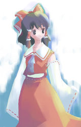 Rule 34 | 1girl, ascot, black eyes, black hair, bow, closed mouth, collarbone, detached sleeves, female focus, hair bow, hair tubes, hakurei reimu, japanese clothes, long skirt, miko, red bow, red ribbon, red skirt, ribbon, ribbon-trimmed sleeves, ribbon trim, sidelocks, skirt, skirt set, sleeves past wrists, solo, standing, subterranean animism, takanashi akihito, touhou, vest