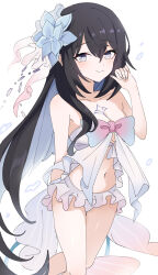 Rule 34 | 1girl, absurdres, awe (adorableduckyy), bare shoulders, bikini, black hair, blue flower, blush, breasts, cleavage, closed mouth, feet out of frame, flower, frilled bikini, frills, grey eyes, grey hair, hair between eyes, hair flower, hair ornament, hand up, highres, honkai (series), honkai impact 3rd, long hair, medium breasts, multicolored hair, navel, seele vollerei, seele vollerei (herrscher of rebirth), simple background, smile, solo, standing, swimsuit, two-tone hair, very long hair, white background