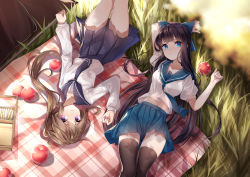 Rule 34 | 2girls, absurdres, apple, arm up, basket, black hair, black legwear, blue bow, blue eyes, blue skirt, bow, brown hair, closed mouth, collarbone, day, de da xianyu, food, from above, fruit, grass, hair bow, hand up, highres, legs together, long hair, long sleeves, looking at viewer, lying, multiple girls, navel, on back, original, outdoors, picnic, picnic basket, plaid, pleated skirt, ponytail, purple eyes, rotational symmetry, sandwich, school uniform, serafuku, short sleeves, skirt, smile, thighhighs, thighs, very long hair