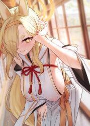 Rule 34 | + +, 1girl, animal ears, blonde hair, blue archive, blurry, blurry background, blush, breasts, closed mouth, commentary request, detached sleeves, eyes visible through hair, hair over one eye, hairband, halo, highres, japanese clothes, kaho (blue archive), kimono, large breasts, long hair, looking at viewer, mole, mole under mouth, orange hairband, smile, solar (happymonk), solo, sparkling eyes, sweat, thick eyebrows, white kimono, white sleeves, wide sleeves, yellow eyes