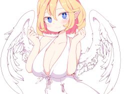 Rule 34 | angel, angel wings, blonde hair, blue eyes, blush, breasts, bright pupils, cleavage, closed mouth, dress, frfr, hair between eyes, highres, large breasts, original, pointy ears, short hair, simple background, smile, upper body, white background, white dress, white pupils, wings