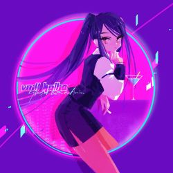 Rule 34 | 1girl, bartender, cocktail, cocktail glass, commentary, cup, drinking glass, english commentary, from side, highres, jill stingray, long hair, marina (mrn9), neon lights, outside border, pantyhose, pencil skirt, pink background, purple background, purple hair, red eyes, shirt, side slit, skirt, solo, synthwave, twintails, va-11 hall-a, very long hair, white shirt