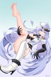Rule 34 | 1girl, absurdres, arkhangelsk (azur lane), azur lane, barefoot, boots, breasts, cleavage, elbow gloves, feet, gloves, hat, highres, leg up, long hair, looking at viewer, parted lips, shoes, single shoe, thigh boots, thighhighs, toes, yellow eyes