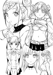Rule 34 | 1girl, :i, alternate hairstyle, belt, blazer, bra, breasts, choker, cleavage, cowboy shot, double bun, earrings, from side, greyscale, hair down, hair ornament, hairclip, heart o-ring, idolmaster, idolmaster shiny colors, jacket, jewelry, lifted by self, lineart, monochrome, multiple views, mushi024, navel, open clothes, open jacket, parted lips, pleated skirt, portrait, profile, school uniform, skirt, small breasts, sonoda chiyoko, sweatdrop, sweater, turtleneck, turtleneck sweater, twintails, underwear, x hair ornament