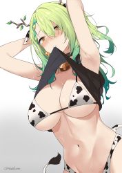 Rule 34 | 1girl, absurdres, animal ears, animal print, antlers, bell, bikini, braid, breasts, ceres fauna, clothes in mouth, cow ears, cow girl, cow print, cow print bikini, flower, green hair, hair flower, hair ornament, highres, hololive, hololive english, horns, large breasts, long hair, looking at viewer, mouth hold, mush (mushlicious), navel, neck bell, print bikini, shirt in mouth, sweat, swimsuit, tail, virtual youtuber, yellow eyes