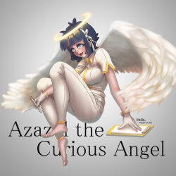 Rule 34 | 1girl, absurdres, angel, angel wings, arm between legs, arm support, artist name, azazel (helltaker), barefoot, black hair, blue eyes, breasts, character name, clipboard, collared shirt, commentary, cross, cross necklace, dated, dress shirt, english commentary, feathered wings, flapping, flying, from side, gloves, grey background, hair ribbon, hairband, halo, helltaker, highres, holding, holding pen, jewelry, knees up, large breasts, left-handed, lips, looking at viewer, looking to the side, necklace, open mouth, original, panties, paper, pen, ribbon, rinrindraw, shirt, short hair, short sleeves, sidelocks, signature, simple background, smile, solo, toes, underwear, white gloves, white hairband, white panties, white ribbon, white shirt, white wings, wings