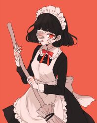 Rule 34 | 1girl, 382, apron, back bow, bandage over one eye, bandaged hand, bandages, bandaid, black dress, black hair, blunt bangs, bob cut, bow, bowtie, broom, cigarette, collared dress, commentary request, cowboy shot, dress, earrings, eyepatch, frills, holding, holding broom, jewelry, long sleeves, looking at viewer, maid, maid apron, maid headdress, medical eyepatch, nail polish, neck ribbon, original, red background, red bow, red bowtie, red eyes, red nails, red ribbon, ribbon, short hair, simple background, smoking, solo, standing, stud earrings, white apron