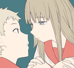 Rule 34 | 1boy, 1girl, :&lt;, blue background, blue eyes, close-up, coldcat., collarbone, commentary, eye contact, face-to-face, flat color, from side, grey eyes, grey hair, hands on own knees, hetero, highres, imminent kiss, knees to chest, light brown hair, long bangs, long hair, looking at another, maru (tengoku daimakyou), mimihime (tengoku daimakyou), parted lips, portrait, raised eyebrows, red sailor collar, sailor collar, shirt, short hair, simple background, straight hair, teeth, tengoku daimakyou, white shirt