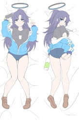Rule 34 | absurdres, ass, bed sheet, black shirt, blue archive, blue eyes, blue jacket, blush, bottle, breasts, brown footwear, buruma, cellphone, closed mouth, dakimakura (medium), frown, halo, highres, holding, holding phone, jacket, lanyard, loafers, long hair, long sleeves, looking at viewer, looking back, lying, masabodo, medium breasts, off shoulder, on back, on stomach, parted bangs, partially unzipped, phone, pony (animal), purple hair, shirt, shoes, sidelocks, smartphone, water bottle, wavy hair, yuuka (blue archive), yuuka (track) (blue archive)
