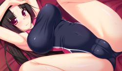Rule 34 | 1girl, akuyome! akuma na yome ni shiborareru, armpits, arms up, ayame (akuyome), bed, black hair, blush, breasts, cameltoe, game cg, huge breasts, legs, long hair, looking at viewer, lying, red eyes, smile, solo, spread legs, super dry (super dry rr), sweat, swimsuit, thighs