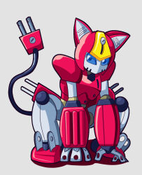 Rule 34 | 1girl, animal ears, blue eyes, cat ears, electric plug tail, helmet, humanoid robot, looking at viewer, medarot, oversized forearms, oversized limbs, peppercat, robot, robot girl, science fiction, simple background, solo, whiteknot