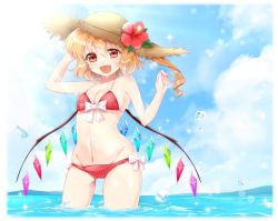 Rule 34 | 1girl, :d, bare shoulders, bikini, blonde hair, blue sky, blurry, bokeh, bow, breasts, cleavage, cloud, cloudy sky, cowboy shot, crystal, day, depth of field, fang, flandre scarlet, flower, groin, hair between eyes, haruki (colorful macaron), hat, hat flower, hibiscus, light rays, looking at viewer, medium breasts, navel, ocean, one side up, open mouth, outdoors, red bikini, red eyes, short hair, sky, smile, solo, sparkle, standing, stomach, straw hat, summer, swimsuit, touhou, wading, water, water drop, wet, white bow, wings