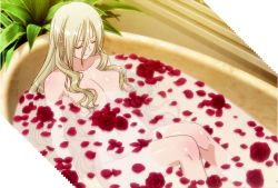 Rule 34 | 10s, 1girl, bathing, blonde hair, breasts, celia kumani entory, closed eyes, female focus, flower, highres, large breasts, long hair, lying, nipples, nude, plant, screencap, smile, solo, stitched, third-party edit, tube, walkure romanze, water