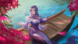 Rule 34 | 1girl, absurdres, boat, closed mouth, dress, falling petals, fish, flower, hair ornament, hairpin, highres, long hair, looking to the side, lost painting, outstretched hand, petals, purple dress, purple hair, qinshi mingyue, ripples, second-party source, sitting, solo, thighhighs, water, watercraft, zi nu (qin shi ming yue)