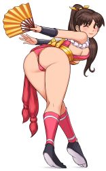 Rule 34 | 1girl, ass, bent over, breasts, brown eyes, brown hair, closed mouth, commentary, fatal fury, from behind, full body, hand fan, highres, holding, holding fan, jacket, japanese clothes, lips, long hair, looking at viewer, looking back, medium breasts, ninja, one eye closed, panties, parted bangs, ponytail, revealing clothes, revision, rope, shigenobu, shiny skin, shiranui mai, simple background, sleeveless, smile, snk, solo, standing, the king of fighters, underwear, white background