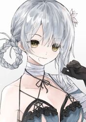 1girl asymmetrical_hair bandaged_arm bandaged_neck bandages black_gloves braided_hair_rings breasts cleavage collarbone eyes_visible_through_hair flower gloves grey_hair hair_flower hair_in_own_mouth hair_ornament hand_up highres kaine_(nier) lingerie long_hair medium_bangs medium_breasts mommnnm negligee nier nier_(series) parted_lips single_bare_shoulder smile solo underwear upper_body white_flower yellow_eyes