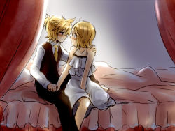 Rule 34 | 1boy, 1girl, adolescence (vocaloid), backlighting, bad id, bad pixiv id, bed, between thighs, blonde hair, blush, brother and sister, canopy bed, cendrillon (vocaloid), curtains, dress, eye contact, formal, holding hands, hand on shoulder, hetero, imminent kiss, incest, kagamine len, kagamine rin, looking at another, short hair, siblings, sitting, suit, suzumi (fallxalice), twincest, twins, vocaloid