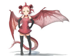 Rule 34 | 1girl, animal ears, apron, ari hinoko, armpit peek, bare shoulders, blush, boots, breasts, claws, commentary request, detached sleeves, dragon girl, dragon horns, dragon tail, dragon wings, fingernails, half-closed eye, hands on own hips, horns, looking away, looking to the side, original, red hair, shadow, sharp fingernails, short hair, simple background, slit pupils, small breasts, smile, solo, spread wings, standing, tail, thigh boots, thighhighs, uneven eyes, white background, wings, yellow eyes, zettai ryouiki