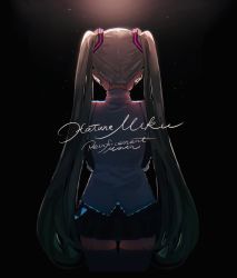 Rule 34 | 1girl, absurdres, black background, black skirt, black thighhighs, blouse, character name, commentary request, cursive, from behind, grey shirt, hair between eyes, hatsune miku, highres, long hair, shirt, simple background, skirt, sleeveless, sleeveless shirt, solo, spotlight, tachibana wataru (123tsuki), thighhighs, twintails, very long hair, vocaloid