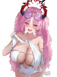 1girl absurdres alracoco blue_archive blush breasts eyewear_on_head fangs halo heart heart-shaped_pupils highres horns large_breasts long_hair looking_at_viewer navel one-piece_swimsuit open_mouth pink_hair satsuki_(blue_archive) simple_background smile solo sunglasses swimsuit symbol-shaped_pupils teeth upper_teeth_only white_background white_one-piece_swimsuit