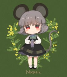Rule 34 | 1girl, :3, animal, animal ears, black dress, black footwear, blue capelet, capelet, character name, closed mouth, dress, full body, green background, grey hair, holding, holding animal, iris anemone, jewelry, long sleeves, looking at viewer, mouse (animal), mouse ears, mouse girl, nazrin, pendant, red eyes, short eyebrows, short hair, simple background, smile, standing, touhou, white legwear