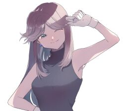 1girl arm_up armpits black_dress blue_eyes breasts brown_hair creatures_(company) curled_fingers dress earrings game_freak gloves green_(pokemon) hand_on_own_hip hand_to_head jewelry long_hair looking_at_viewer medium_breasts nintendo one_eye_closed parted_bangs pink_lips pokemon pokemon_adventures sleeveless sleeveless_dress smile solo sphere_earrings upper_body white_gloves yui_ko