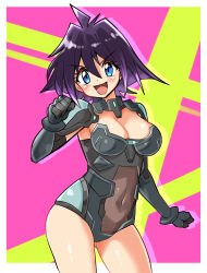 Rule 34 | 1girl, :d, alternate costume, amelia wil tesla seyruun, armored leotard, black gloves, black hair, black leotard, blue eyes, breasts, clenched hands, commentary request, commission, cougar (cougar1404), covered navel, cowboy shot, elbow gloves, gloves, gradient hair, leotard, looking at viewer, medium breasts, multicolored hair, open mouth, partial commentary, purple hair, short hair, shrug (clothing), skeb commission, slayers, smile, solo, standing