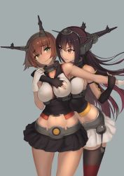 Rule 34 | 10s, 2girls, absurdres, bad id, bad pixiv id, bare arms, black hair, blush, breasts, brown hair, curvy, garter straps, grabbing, grabbing another&#039;s breast, green eyes, headgear, highres, kantai collection, large breasts, long hair, looking at viewer, midriff, miniskirt, multiple girls, mutsu (kancolle), nagato (kancolle), navel, nuwangyang (930426), red eyes, short hair, simple background, skirt, smile, thighhighs, thighs, wide hips, yuri, zettai ryouiki