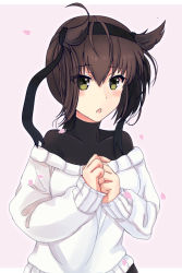 Rule 34 | 1girl, bad id, bad pixiv id, brown hair, flower, hair flaps, hatsuzuki (kancolle), highres, himeyamato, kantai collection, looking at viewer, open mouth, pink background, self-upload, short hair, sweater, white sweater, yellow eyes