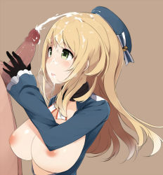 Rule 34 | 10s, 1girl, atago (kancolle), bad id, bad pixiv id, blonde hair, blue hat, blush, breasts, cum, cum on body, cum on hair, cum on upper body, facial, gloved handjob, gloves, green eyes, handjob, hat, kantai collection, large breasts, long hair, nipples, open clothes, open shirt, penis, shirt, solo focus, totoki86, uncensored, uniform
