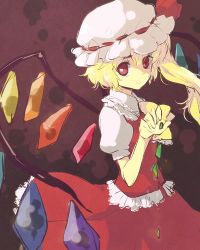 Rule 34 | 1girl, blonde hair, blouse, collared shirt, embodiment of scarlet devil, female focus, flandre scarlet, frilled vest, frills, from side, hat, lowres, mob cap, red eyes, shirt, side ponytail, solo, tomobe kinuko, touhou, vest, white hat, white shirt, wings