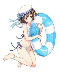 Rule 34 | 1girl, absurdres, ankle strap, anklet, bare shoulders, barefoot, bikini, blue ribbon, blush, bow, braid, breasts, closed mouth, collarbone, feet, fingernails, front-tie bikini top, front-tie top, full body, groin, hair bow, hat, hat bow, highres, holding, innertube, jewelry, medium breasts, morikura en, navel, original, purple eyes, ribbon, sailor bikini, sailor collar, sailor hat, short hair, side-tie bikini bottom, side braid, simple background, smile, solo, stomach, string bikini, striped bikini, striped bikini bottom, striped bow, striped clothes, swim ring, swimsuit, toenails, toes, white background, white hat, yellow bow