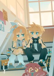 Rule 34 | 1boy, 1girl, :i, ahoge, annoyed, aqua eyes, backpack, bag, bass clef, black footwear, black pants, blonde hair, blue sky, blush, bow, brother and sister, bubble tea, cloud, collared shirt, eye contact, gakuran, game boy, grey bag, grey footwear, grey sailor collar, grin, hair bow, hair ornament, hairclip, handheld game console, highres, holding, holding handheld game console, jacket, jitome, kagamine len, kagamine rin, leg warmers, long eyelashes, long sleeves, looking at another, loose leg warmer, medium hair, megurine luka, neckerchief, nintendo switch, no lineart, open clothes, open jacket, pants, pigeon-toed, pink hair, pleated skirt, poster (object), projecttiger, sailor collar, school, school uniform, serafuku, shirt, shoes, short ponytail, siblings, sideways glance, sitting, sitting on stairs, skirt, sky, sleeves rolled up, smile, sneakers, soda, sparkle, stairs, sweatdrop, swept bangs, takoluka, tentacle hair, treble clef, tsurime, twins, unamused, unbuttoned jacket, v-shaped eyebrows, vocaloid, wavy mouth, white bow, white leg warmers, white shirt, window, yellow bag, yellow nails, yellow neckerchief