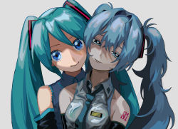 Rule 34 | 2girls, aqua hair, arm tattoo, blue eyes, blue hair, blue necktie, blue shirt, cheek-to-cheek, collarbone, collared shirt, commentary, detached sleeves, dual persona, grey shirt, hair intakes, half-closed eyes, hatsune miku, heads together, highres, long hair, looking at viewer, multiple girls, necktie, number tattoo, portrait, shirt, simple background, sleeveless, sleeveless shirt, smile, tada (anuanu134), tattoo, twintails, vocaloid, white background