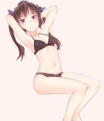 Rule 34 | 1girl, armpits, arms behind head, arms up, bare arms, bare legs, bare shoulders, barefoot, beige background, black bra, black panties, blush, bow, bow panties, bra, breasts, brown hair, collarbone, commentary request, feet out of frame, hair bow, hat, highres, himekaidou hatate, invisible chair, long hair, looking at viewer, medium breasts, miyo (ranthath), navel, panties, purple bow, purple eyes, simple background, sitting, solo, stomach, thighs, tokin hat, touhou, twintails, underwear, underwear only