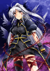Rule 34 | 1girl, arm strap, black dress, black gloves, black jacket, black thighhighs, black wings, blue sky, chain, closed mouth, commentary, crying, crying with eyes open, dated, dress, facial mark, fingerless gloves, frown, gloves, highres, jacket, long hair, lyrical nanoha, magical girl, mahou shoujo lyrical nanoha, mahou shoujo lyrical nanoha a&#039;s, mahou shoujo lyrical nanoha the movie 2nd a&#039;s, multicolored sky, nachtwal, puffy short sleeves, puffy sleeves, purple sky, red eyes, reinforce, san-pon, short dress, short sleeves, silver hair, single hair intake, single thighhigh, sky, solo, tears, thigh strap, thighhighs, twitter username, waist cape, wings