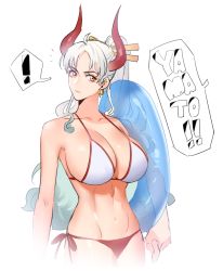 Rule 34 | !, 1girl, ahoge, alternate costume, bikini, breasts, character name, cleavage, closed mouth, commentary, cowboy shot, curled horns, earrings, english commentary, gradient hair, green hair, hair ornament, hair stick, hoop earrings, horns, innertube, jewelry, large breasts, long hair, multicolored hair, navel, notice lines, one piece, oni horns, orange eyes, out of frame, parted bangs, ponytail, raine (acke2445), red bikini, side-tie bikini bottom, simple background, sketch, solo, speech bubble, spoken exclamation mark, standing, stomach, string bikini, swim ring, swimsuit, toned, two-tone bikini, two-tone hair, white background, white bikini, white hair, yamato (one piece)