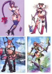 Rule 34 | 4girls, aircraft, airplane, armor, bell, belt, bikini, bikini armor, black thighhighs, blue thighhighs, blush, boots, bow, bow (weapon), braid, breasts, brown hair, browning m2, cat, cleavage, cloud, collar, cow tail, crop top, curvy, day, elbow gloves, facial mark, fantasy, finger to mouth, fingerless gloves, flower, front-tie top, full body, gloves, goggles, green footwear, gun, hair bow, hairband, hand on own hip, heavy machine gun, high heels, hip focus, horns, huge weapon, jpeg artifacts, large breasts, lily (flower), lipstick, long hair, loose socks, machine gun, makeup, mecha musume, midriff, miniskirt, mu online, multiple girls, nature, naughty face, neck bell, no pants, non-web source, nose art, orange hair, original, panties, pink footwear, pocco, purple hair, rifle, scan, shoes, short hair, short twintails, single braid, single thighhigh, skirt, sky, smile, socks, standing, standing on one leg, star (symbol), star facial mark, swimsuit, sword, tail, teeth, thigh boots, thighhighs, twintails, underboob, underwear, very long hair, weapon, white thighhighs, wild flower, wildflower, wings, yamashita shun&#039;ya