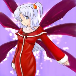 Rule 34 | 1girl, :o, blush, capelet, cowboy shot, dress, female focus, frills, hair bobbles, hair ornament, long hair, looking at viewer, mystic square, parted lips, purple eyes, red dress, shinki (touhou), silver hair, solo, standing, touhou, touhou (pc-98), wings