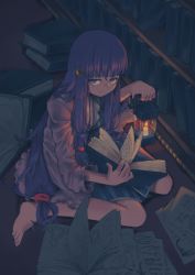 Rule 34 | 1girl, barefoot, book, candle, closed mouth, commentary request, crescent, crescent hair ornament, dark, dress, hair ornament, highres, indoors, lamp, library, long hair, long sleeves, looking to the side, no headwear, patchouli knowledge, purple eyes, purple hair, sinchan1228, sitting, solo, striped clothes, striped dress, touhou, vertical-striped clothes, vertical-striped dress, very long hair, wariza