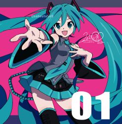 Rule 34 | 1girl, green eyes, green hair, hand on own chest, hatsune miku, heart, heart-shaped pupils, highres, necktie, reaching, reaching towards viewer, satou asuka, solo, symbol-shaped pupils, thighhighs, vocaloid, white background