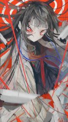 Rule 34 | 1girl, absurdres, aqua eyes, black hair, black serafuku, blood, blood on face, coat, commentary request, from side, heterochromia, highres, id card, lab coat, lanyard, long hair, long sleeves, messy hair, motion blur, neckerchief, open clothes, open coat, original, pleated skirt, red background, red theme, sailor collar, school uniform, serafuku, shirt, shiun (siun 5513), simple background, skirt, solo, white coat, white eyes