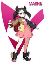 Rule 34 | 1girl, absurdres, alternate color, ankle boots, asymmetrical bangs, black choker, black footwear, black hair, black nails, blush, boots, candy, character name, choker, commentary request, creatures (company), dress, earrings, food, full body, game freak, green eyes, highres, holding, holding poke ball, jacket, jewelry, korean commentary, lollipop, long sleeves, looking at viewer, marnie (pokemon), mouth hold, nail polish, nintendo, open clothes, open jacket, pink dress, poke ball, poke ball (basic), pokemon, pokemon swsh, quokkalee, solo, standing