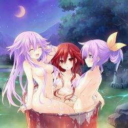Rule 34 | 10s, 3girls, :d, ^ ^, adult neptune, alternate hairstyle, arm support, bathing, blush, breasts, closed eyes, collarbone, company name, convenient censoring, drum (container), female focus, game cg, hair censor, hair ribbon, highres, lake, long hair, moon, multiple girls, navel, nepgear, neptune (neptunia), neptune (series), night, nude, nudist, official art, onsen, open mouth, orange hair, outdoors, partially submerged, ponytail, purple eyes, purple hair, red eyes, red hair, ribbon, rock, same-sex bathing, shared bathing, shin jigen game neptune vii, sitting, small breasts, smile, star (sky), star (symbol), tennouboshi uzume, tree, tsunako, twintails, very long hair, water, wet, zenra