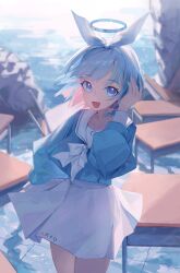 Rule 34 | 1girl, absurdres, arona (blue archive), blue archive, blue eyes, blue hair, blue halo, braid, cowboy shot, desk, halo, highres, long sleeves, looking at viewer, loong (loong blo), open mouth, pleated skirt, sailor collar, school desk, short hair, single braid, skirt, smile, solo, white sailor collar, white skirt